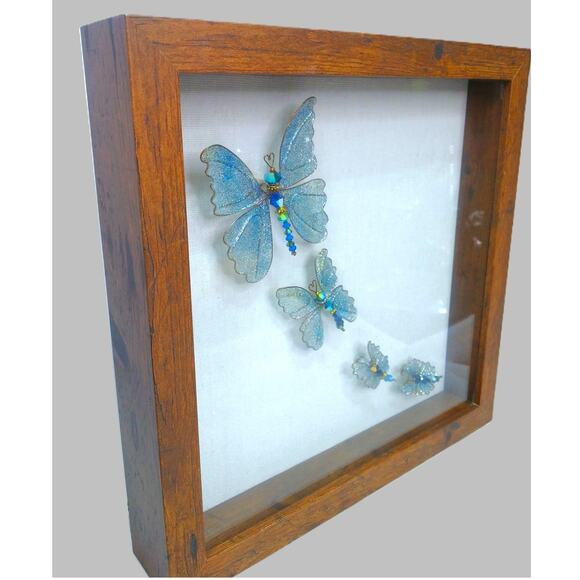 Whimsical Winged Butterfly Framed Art Hand Crafted 10x10 Blue Morpho Family 3D - Picture 3 of 13
